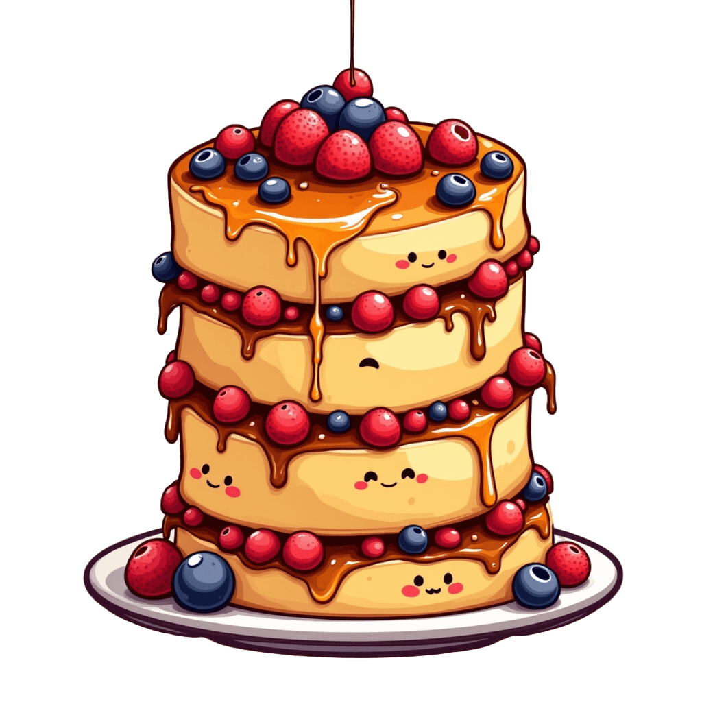Kawaii Pancake Stack with Faces and Berries