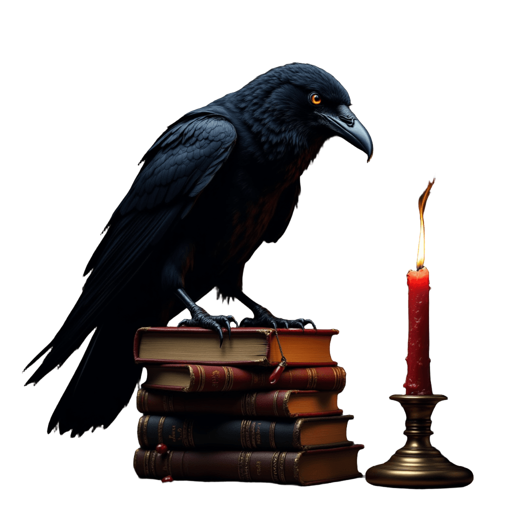 Raven on Leather Books with Dripping Candle