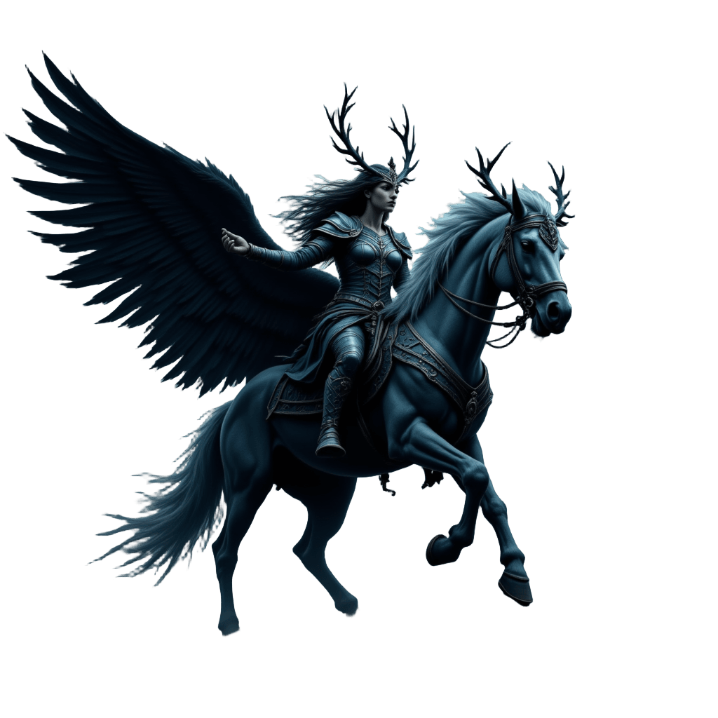 Valkyrie Warrior Riding Through Stormy Sky