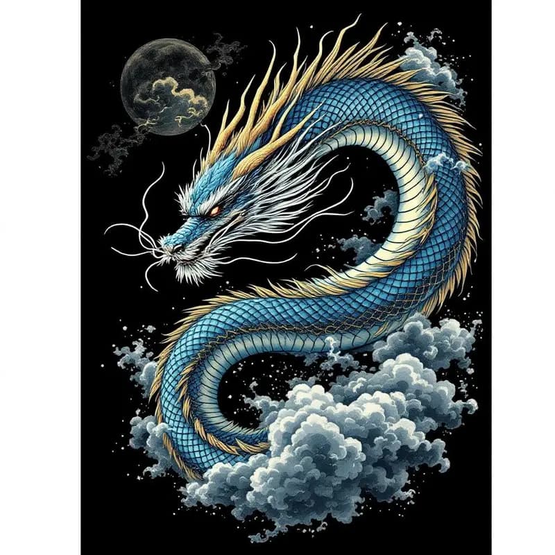 Japanese dragon in storm clouds, ink style