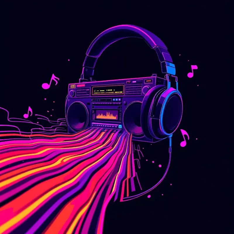 Retro boombox with neon sound waves, 80s synthwave