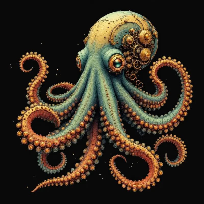 "steampunk octopus with brass gears"