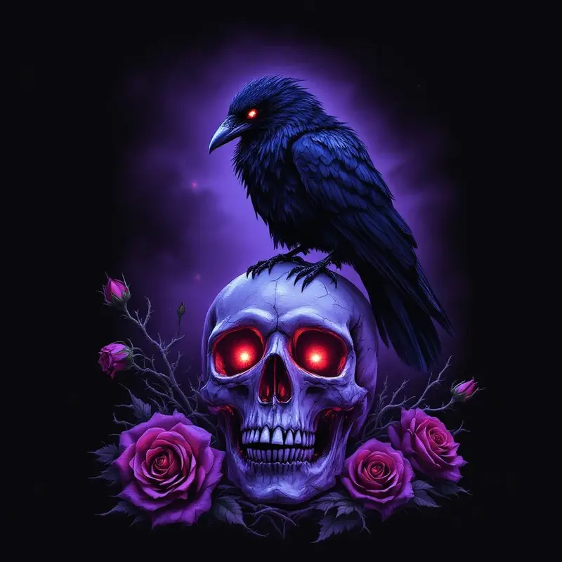 Gothic raven on crystal skull with roses