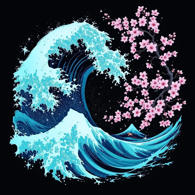 Great wave reimagined, neon Japanese ukiyo-e