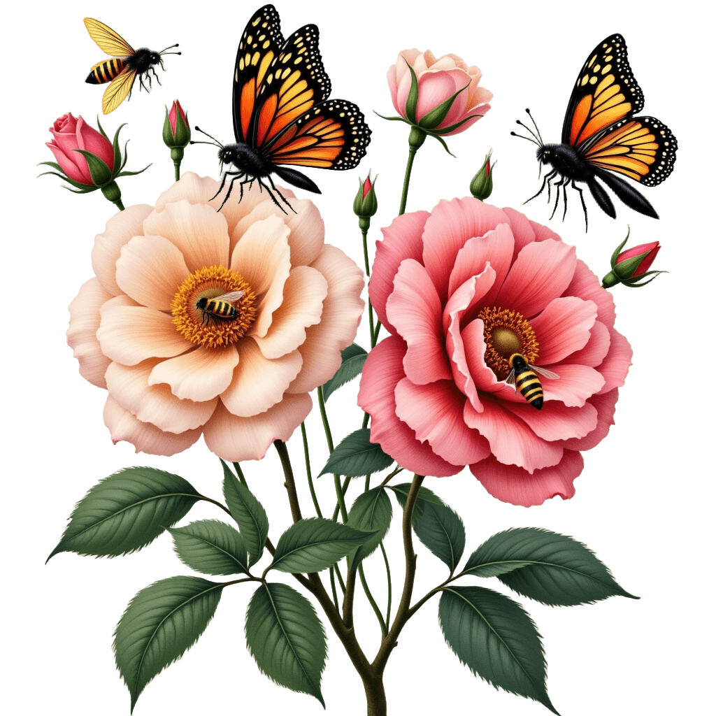 Botanical Roses with Bees and Butterflies