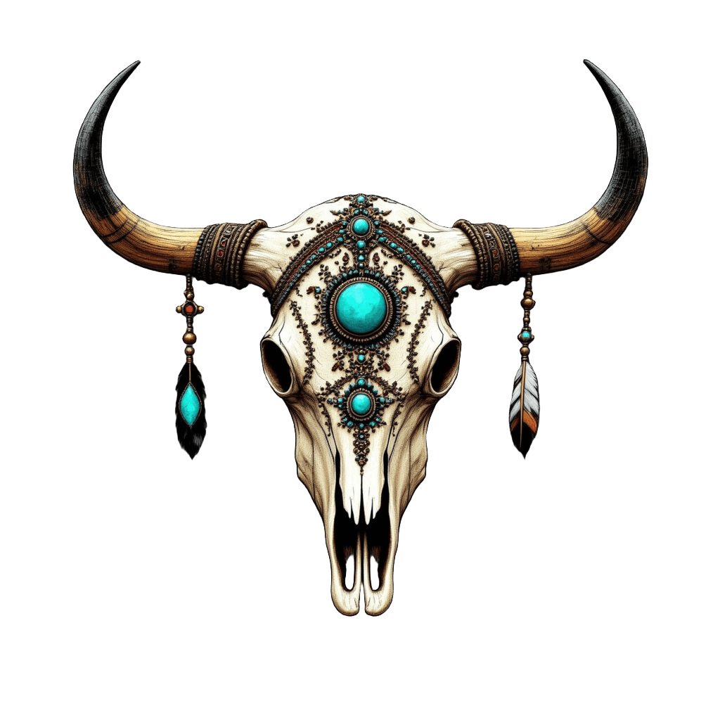 Bull Skull with Feathers and Turquoise Stones