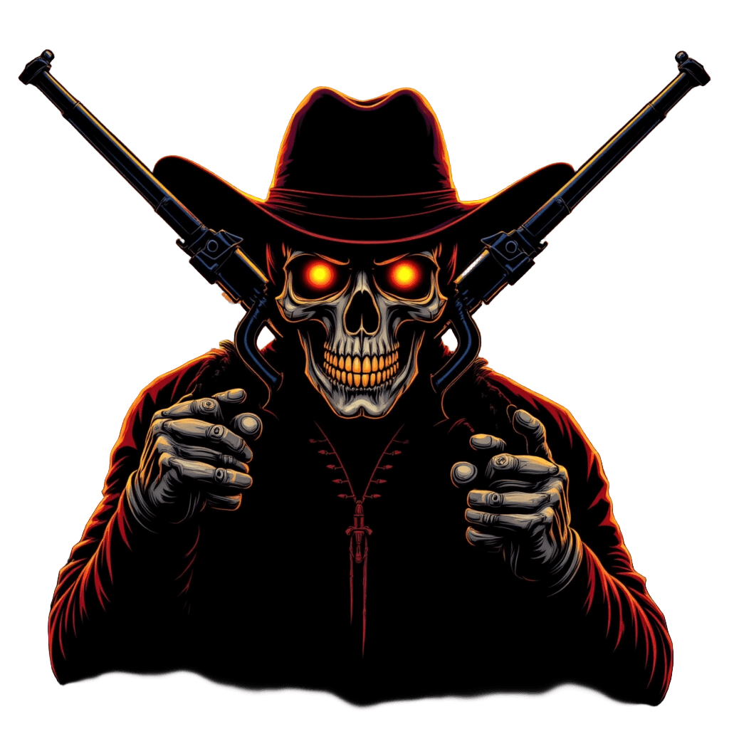 Cowboy Skull with Crossed Revolvers at Desert Sunset