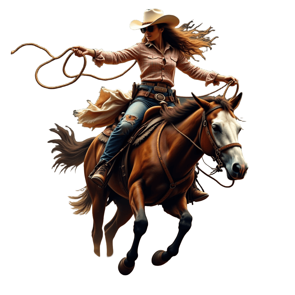 Cowgirl Riding Bucking Bronco with Lasso