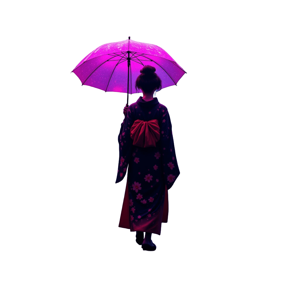 Cyberpunk Geisha with Neon Umbrella in Rain