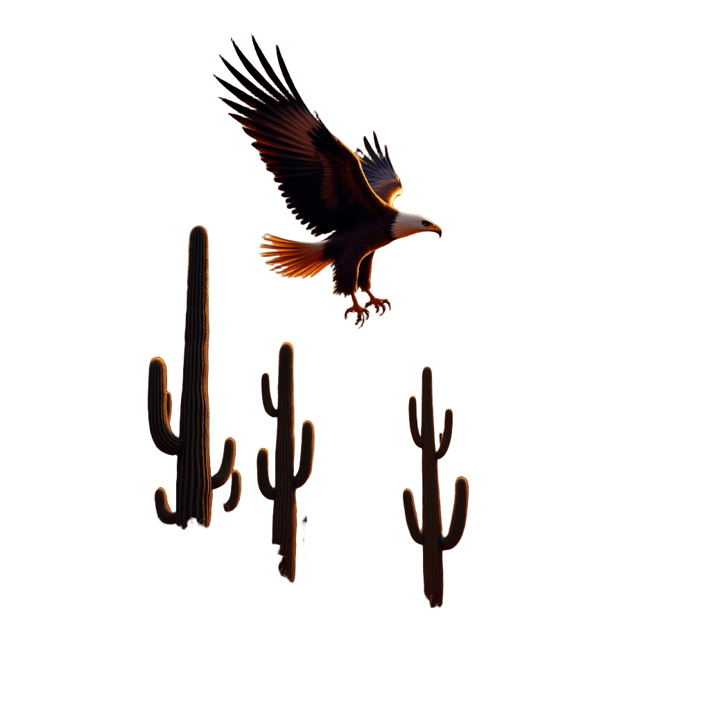 Eagle Flying Over Canyon with Cacti at Sunset