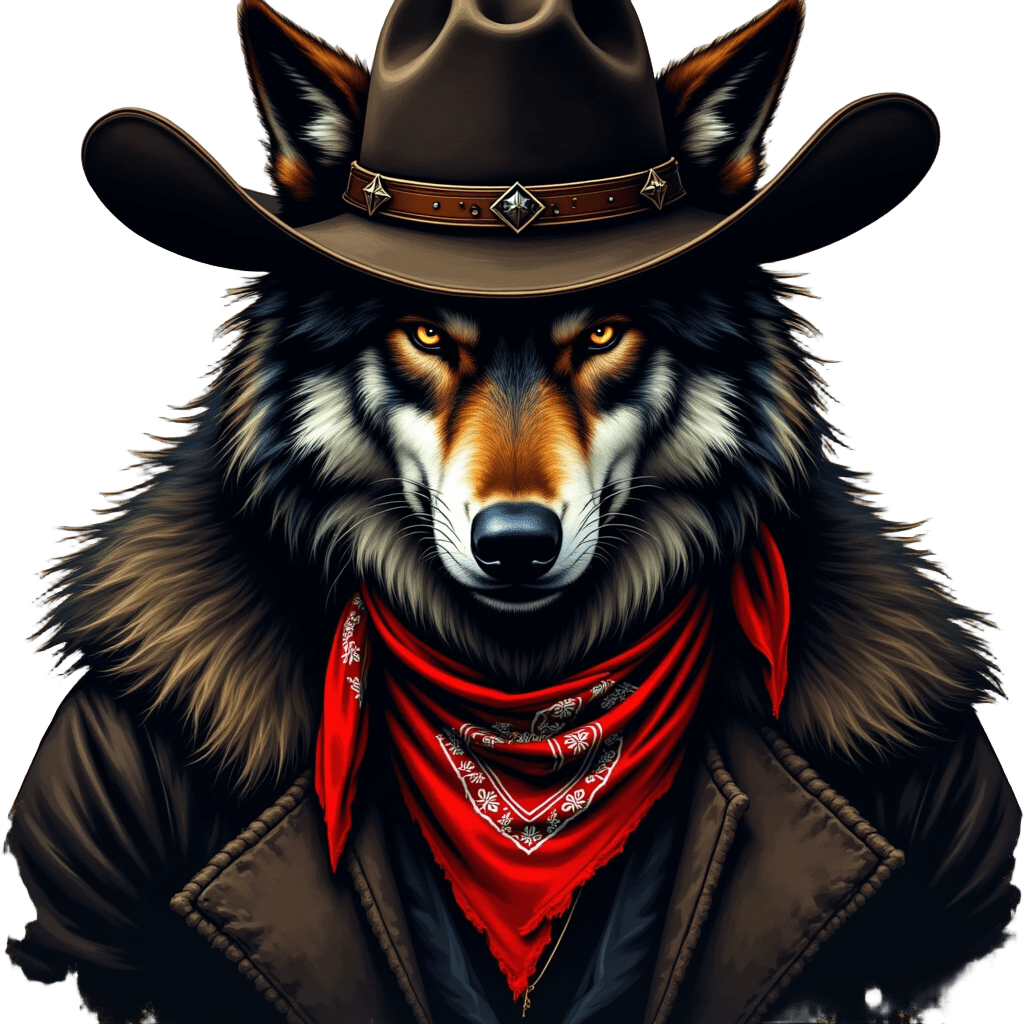 Wolf Outlaw with Bandana and Cowboy Hat
