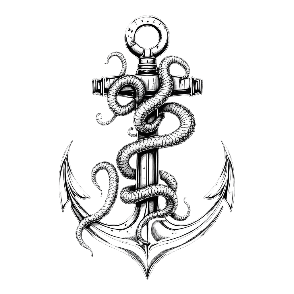 A Kraken Wrapped Around a Ship Anchor in Classic Sailor Tattoo Style