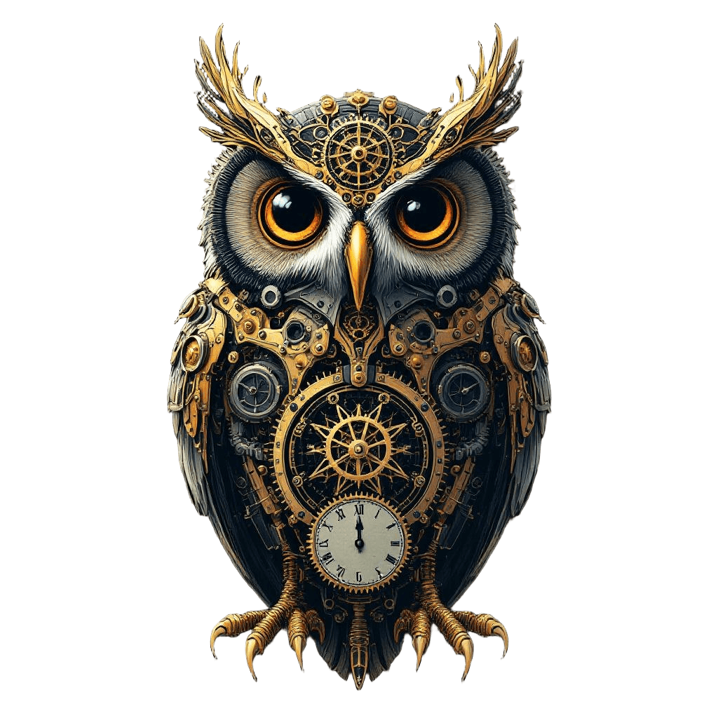 A Mechanical Clockwork Owl with Brass Gears Visible