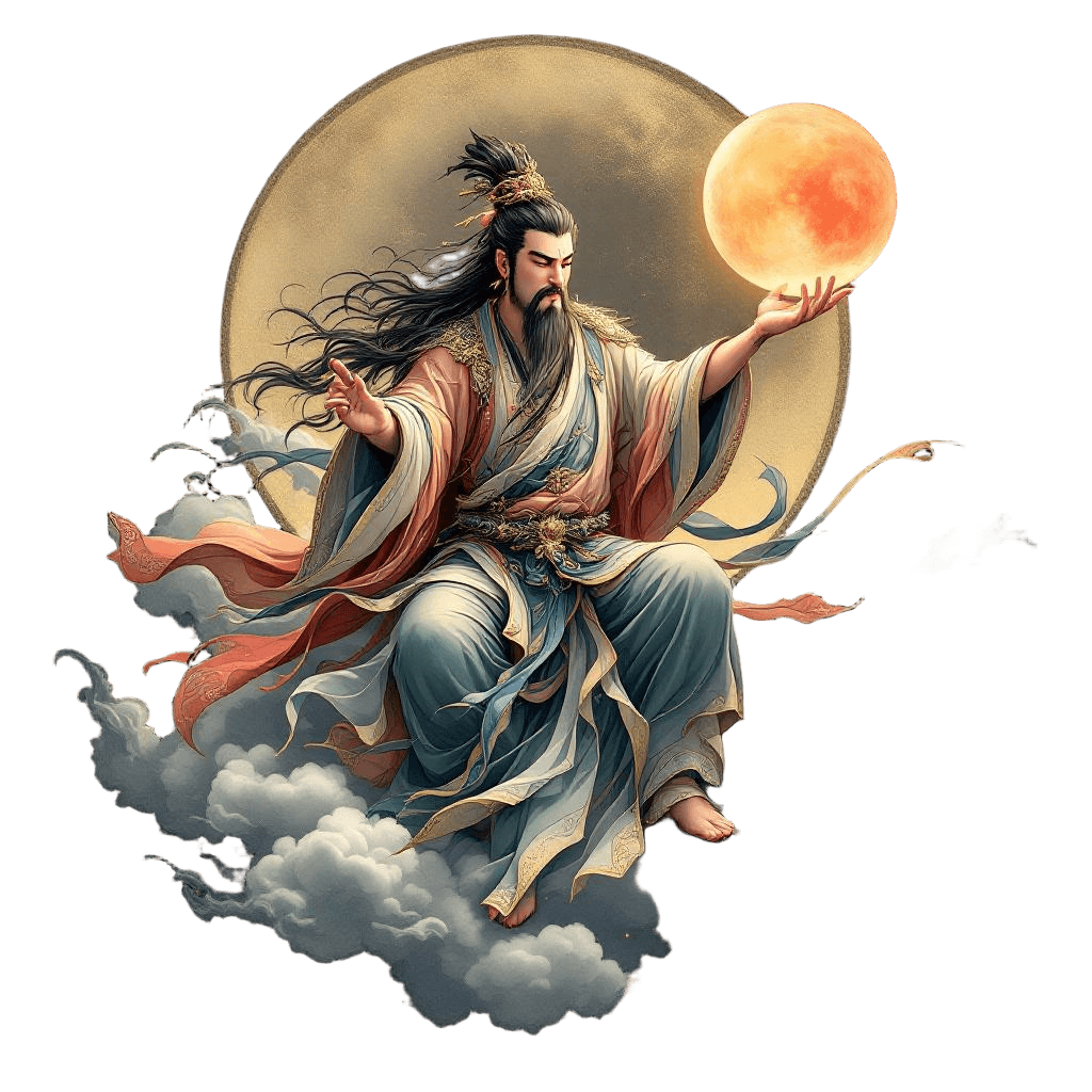 A Chinese Xian Immortal Riding a Cloud with Flowing Robes