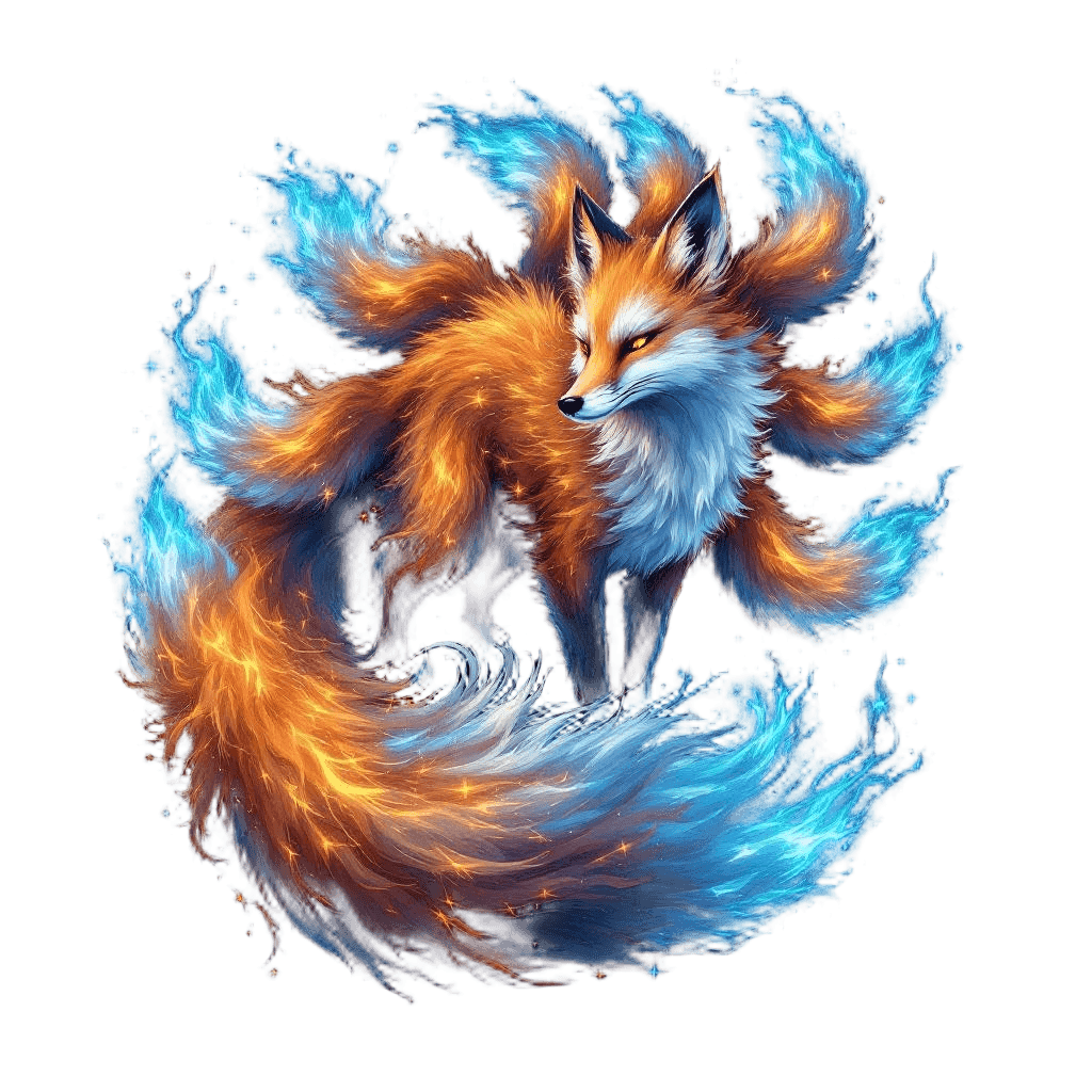 A Spirit Fox with Nine Tails Each Tipped with Blue Foxfire