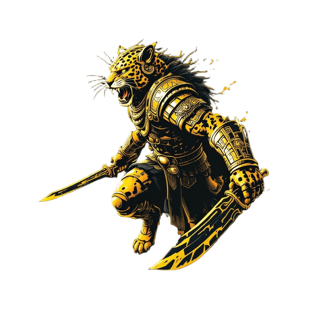 An Aztec Jaguar Warrior in Golden Armor Mid-leap