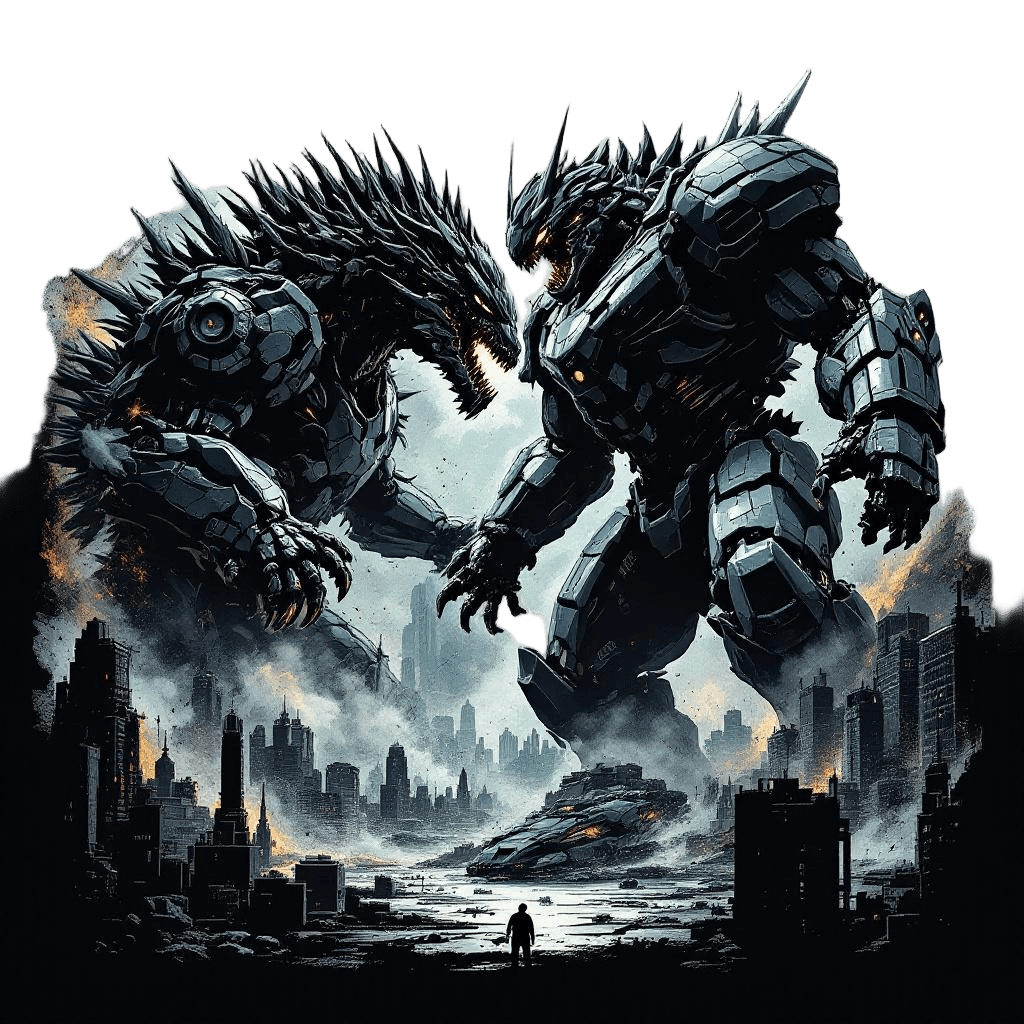 A Giant Kaiju Monster Fighting a Massive Mech Robot in a City