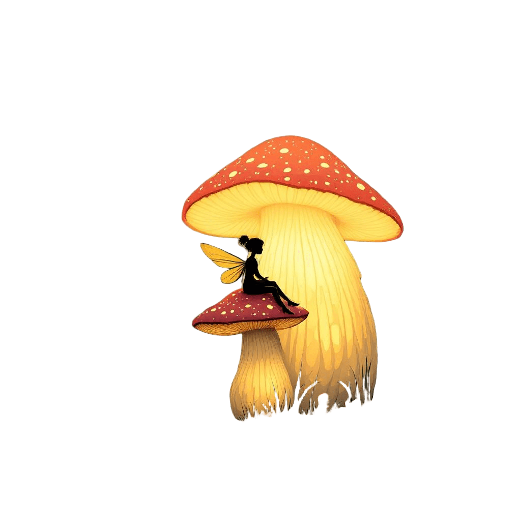 A Tiny Fairy Sitting on a Giant Glowing Mushroom in an Enchanted Forest