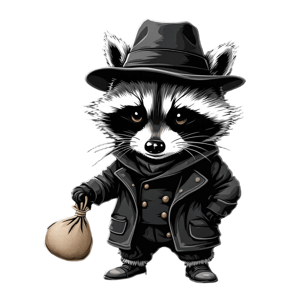 A Raccoon in a Classic Burglar Outfit with a Tiny Bag of Stolen Goods