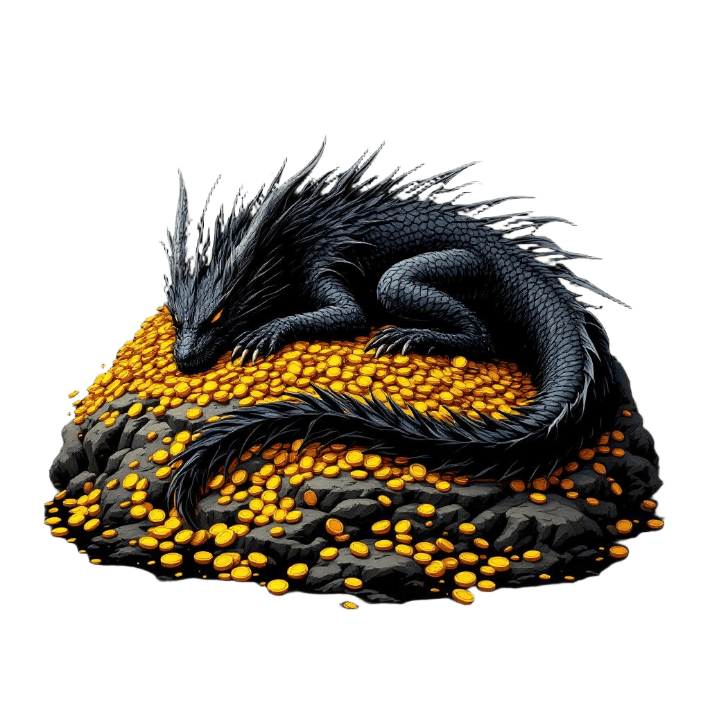 A Massive Black Dragon Sleeping on a Mountain of Gold Coins and Treasure