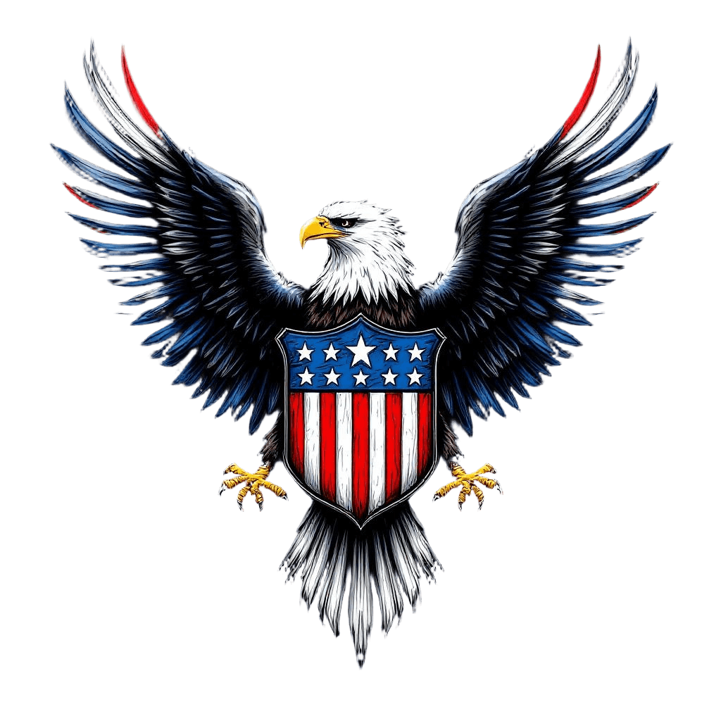 A Bald Eagle with Wings Spread Behind a Shield with Stars and Stripes Motif