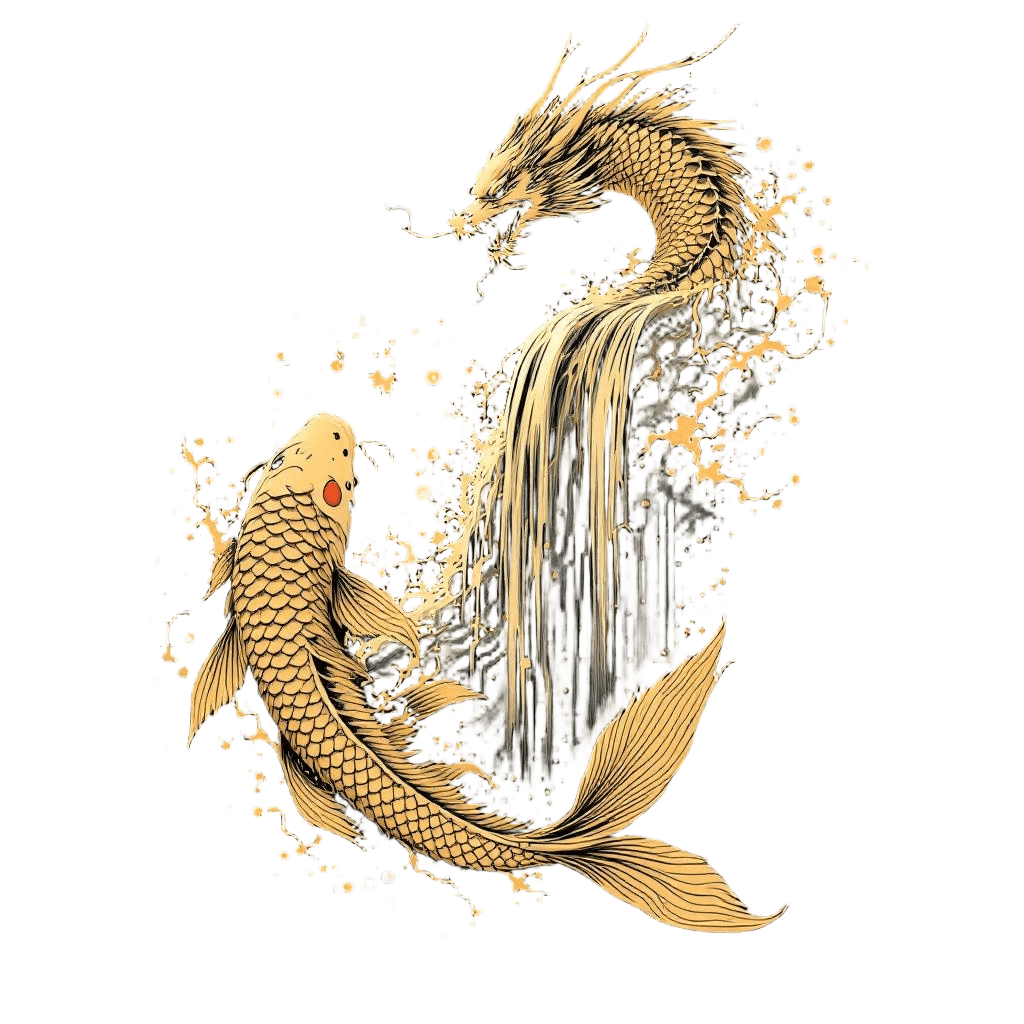 A Golden Koi Fish Swimming Up a Waterfall