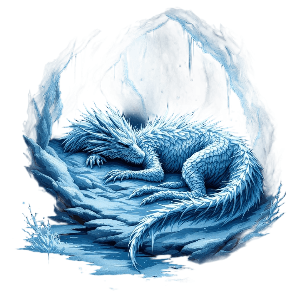 An Ice Dragon Sleeping in a Crystal Cave