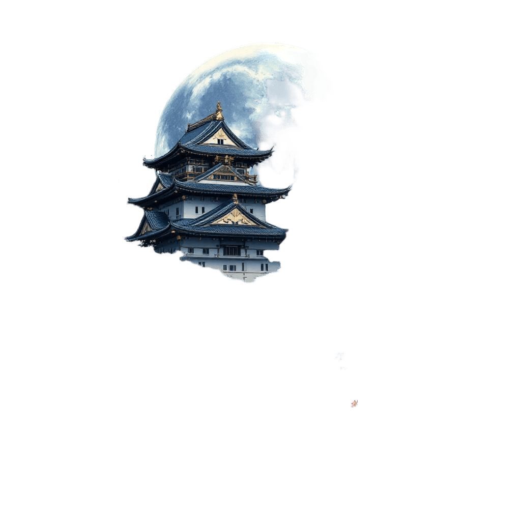 A Traditional Japanese Castle Under a Full Moon with Cherry Blossoms