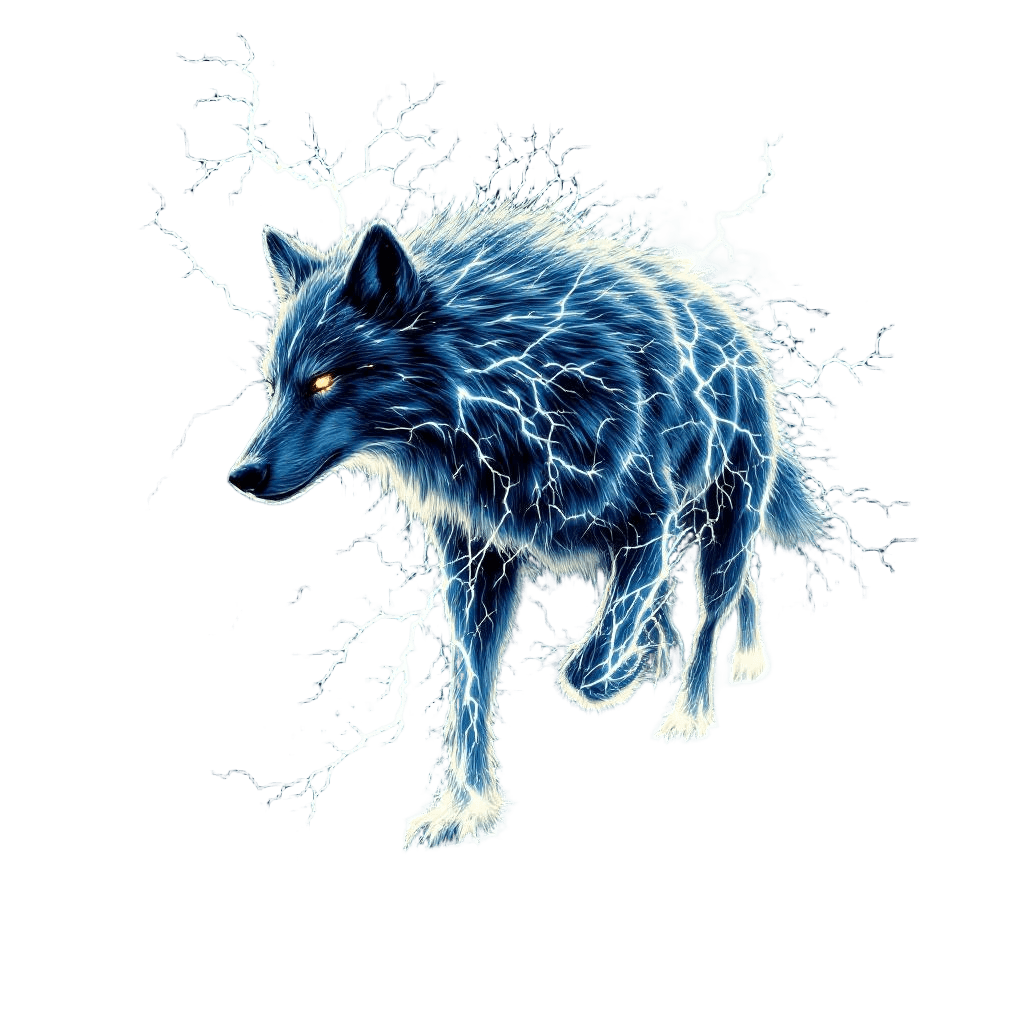 A Wolf Made of Pure Lightning Bolts Running Across a Stormy Sky