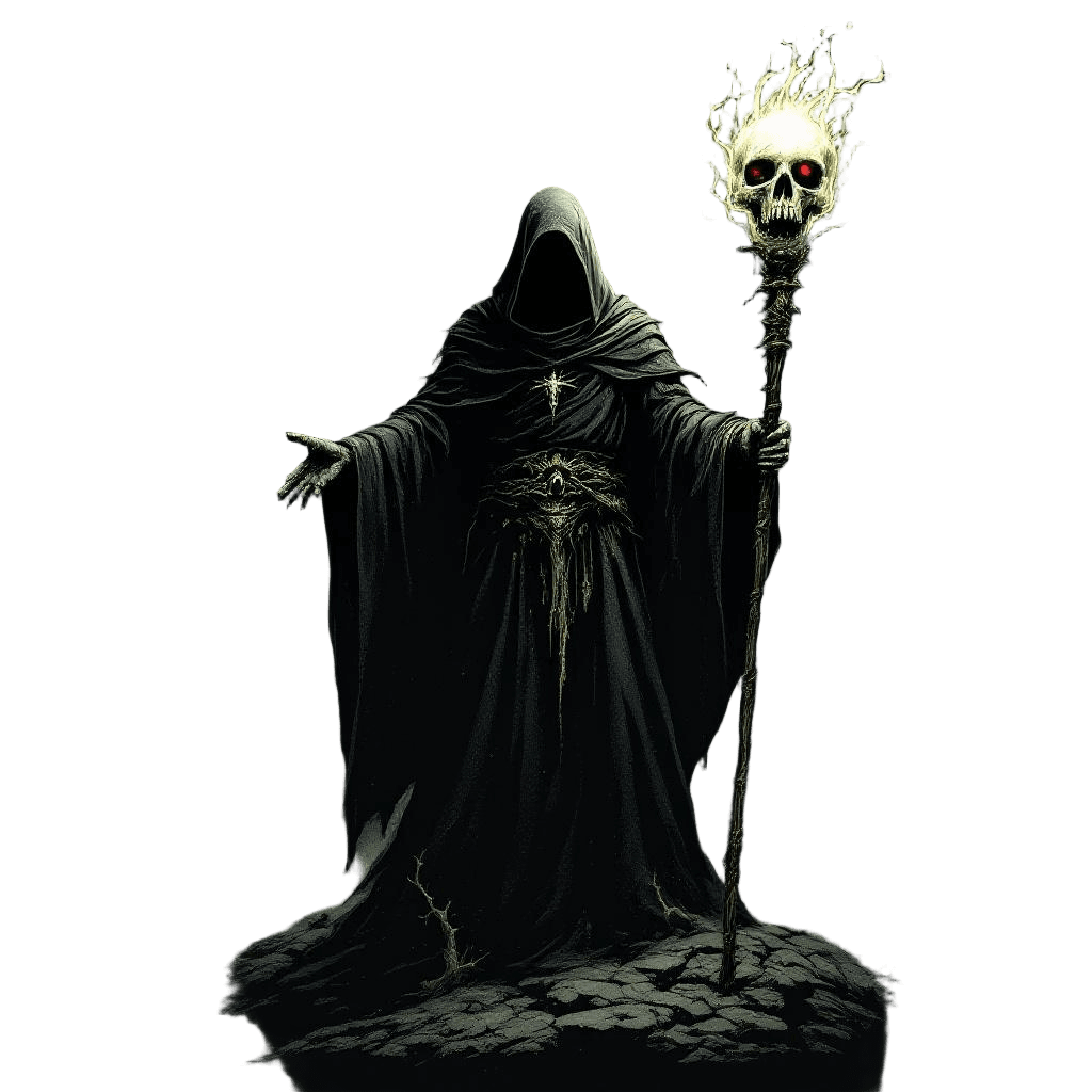 A Necromancer Holding a Staff Topped with a Glowing Skull