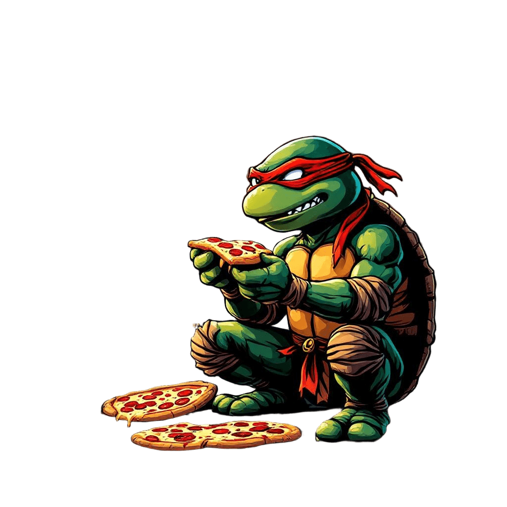 A Ninja Turtle Character Eating Pizza on a Rooftop