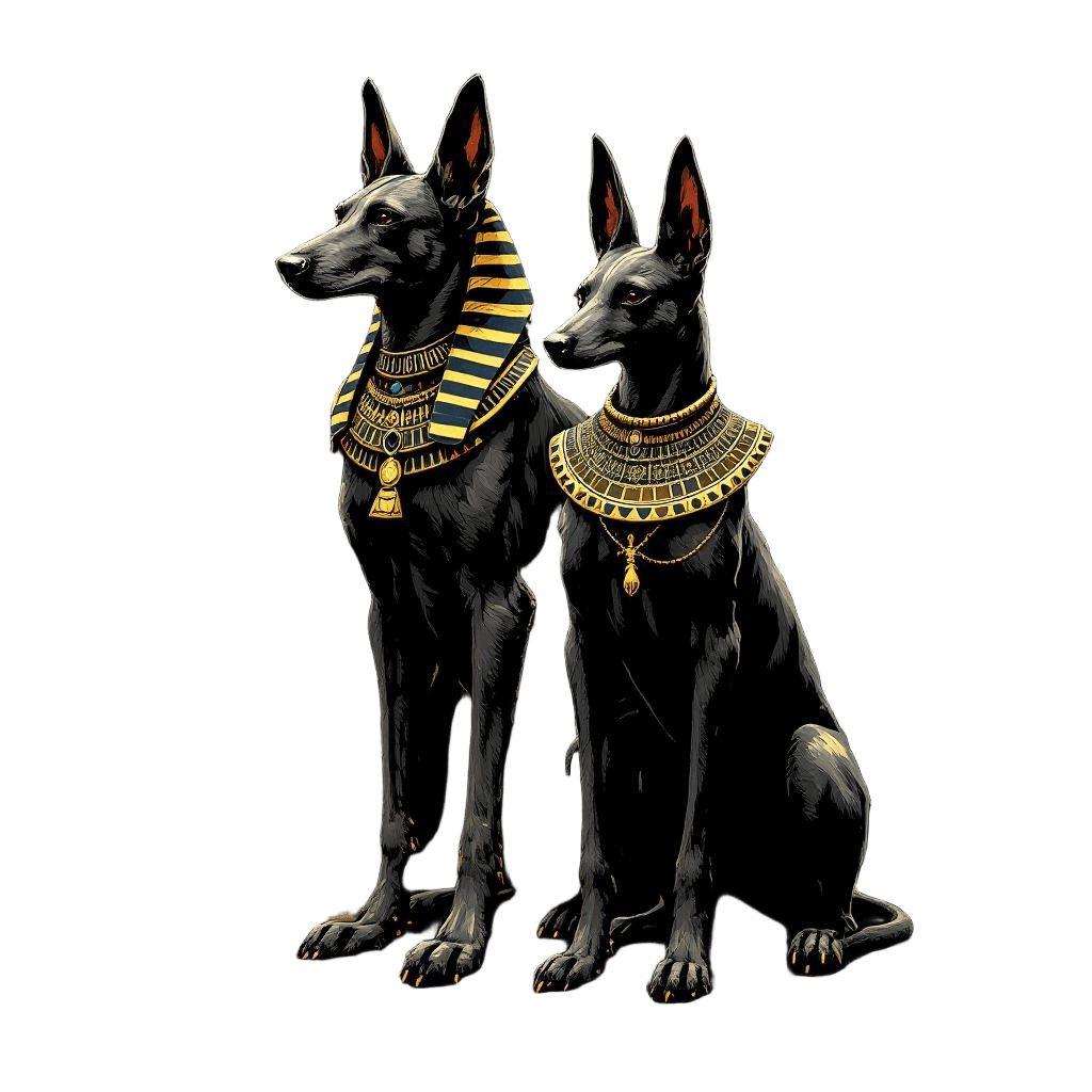 An Egyptian Pharaoh Hound Standing Regal Beside Anubis