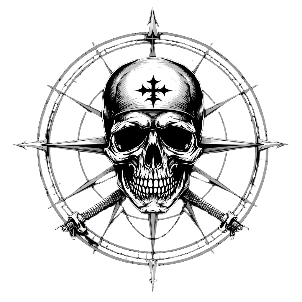A Pirate Skull with a Compass Rose Behind It
