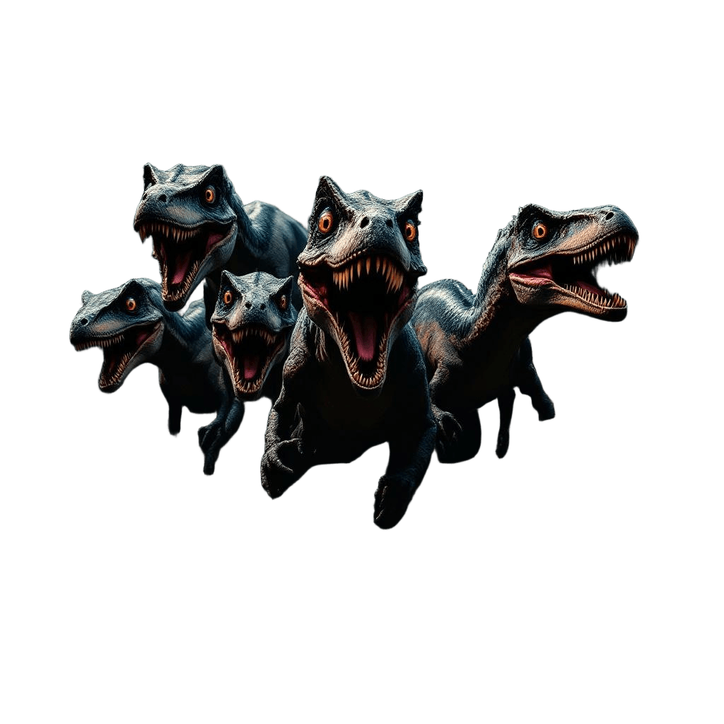 A Pack of Velociraptors Hunting in a Misty Jungle