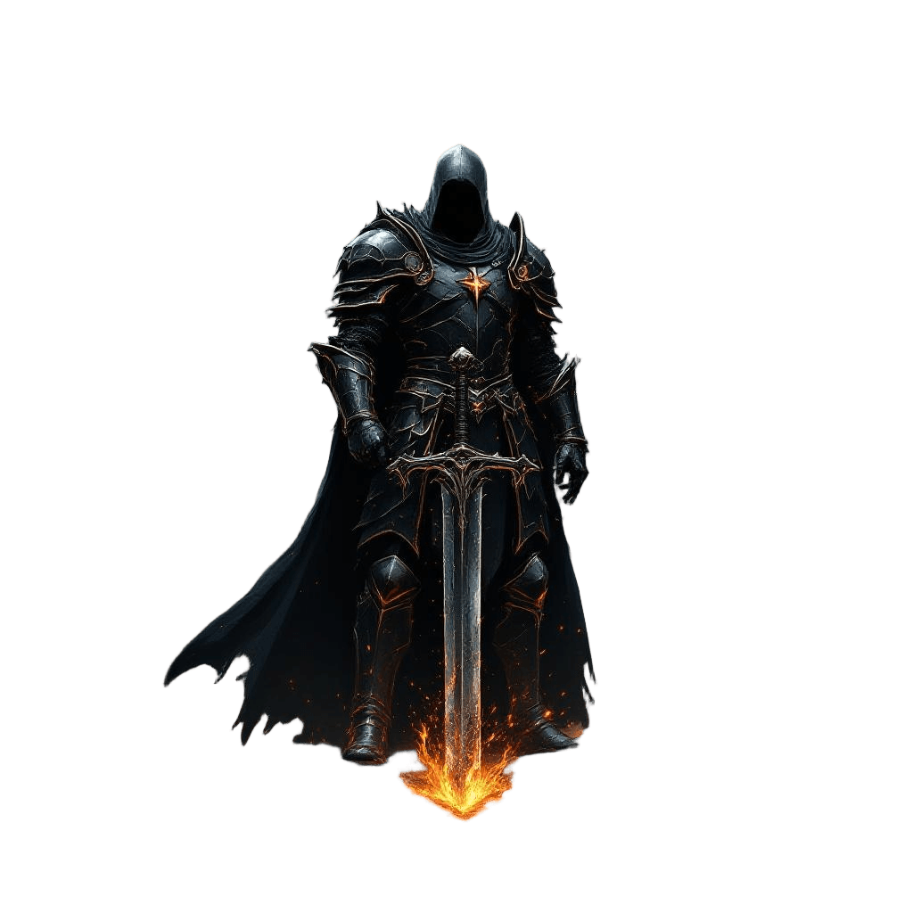 A Black Knight in Heavy Dark Armor Standing in Ruins
