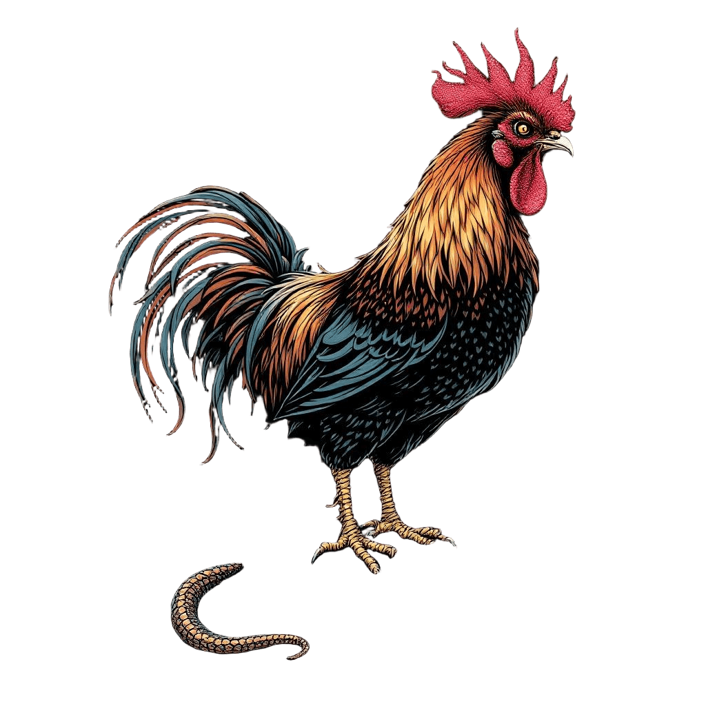 A Cockatrice — Rooster with Serpent Tail — Its Gaze Turning the Ground to Stone