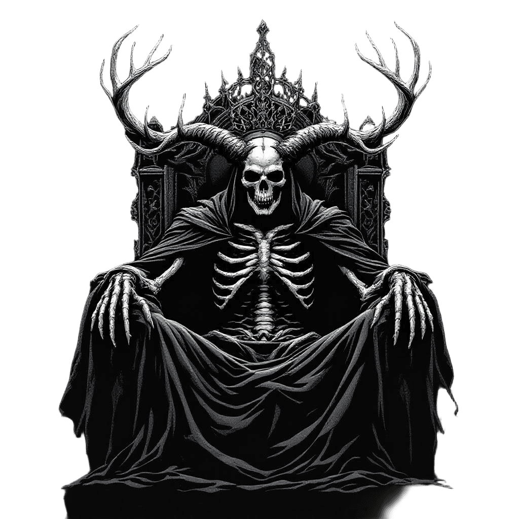 A Skeletal Horned King on a Throne of Darkness