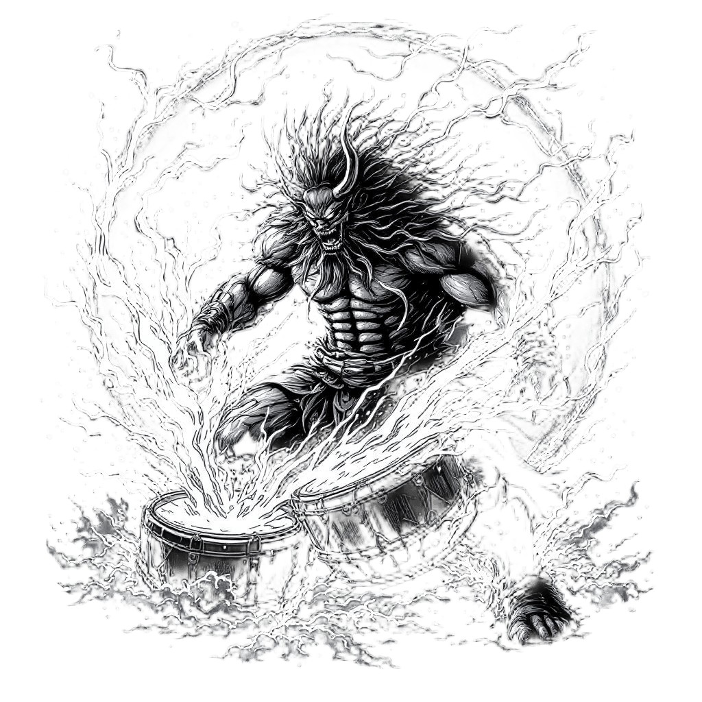 A Massive Oni Thunder God with Drums Creating Storms