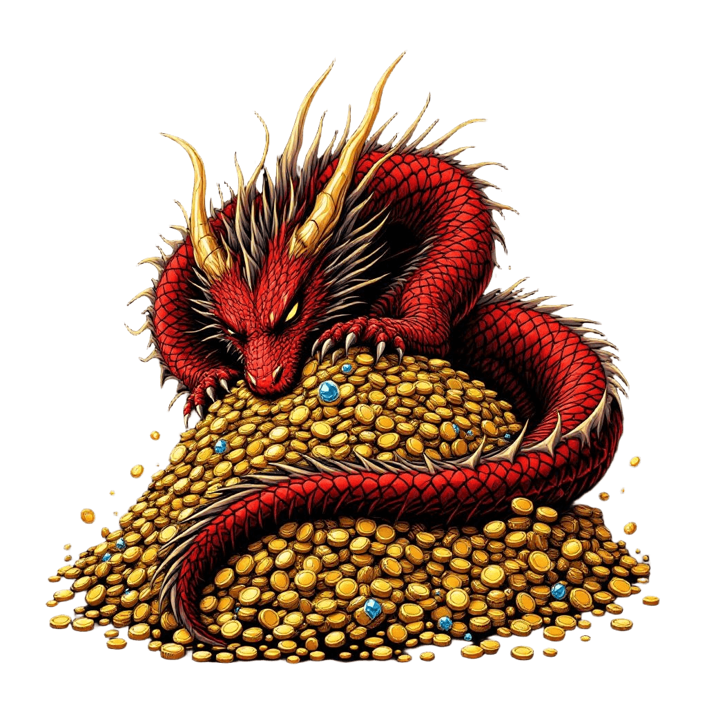 A Massive Red Dragon Sleeping on a Mountain of Gold Coins and Jewels