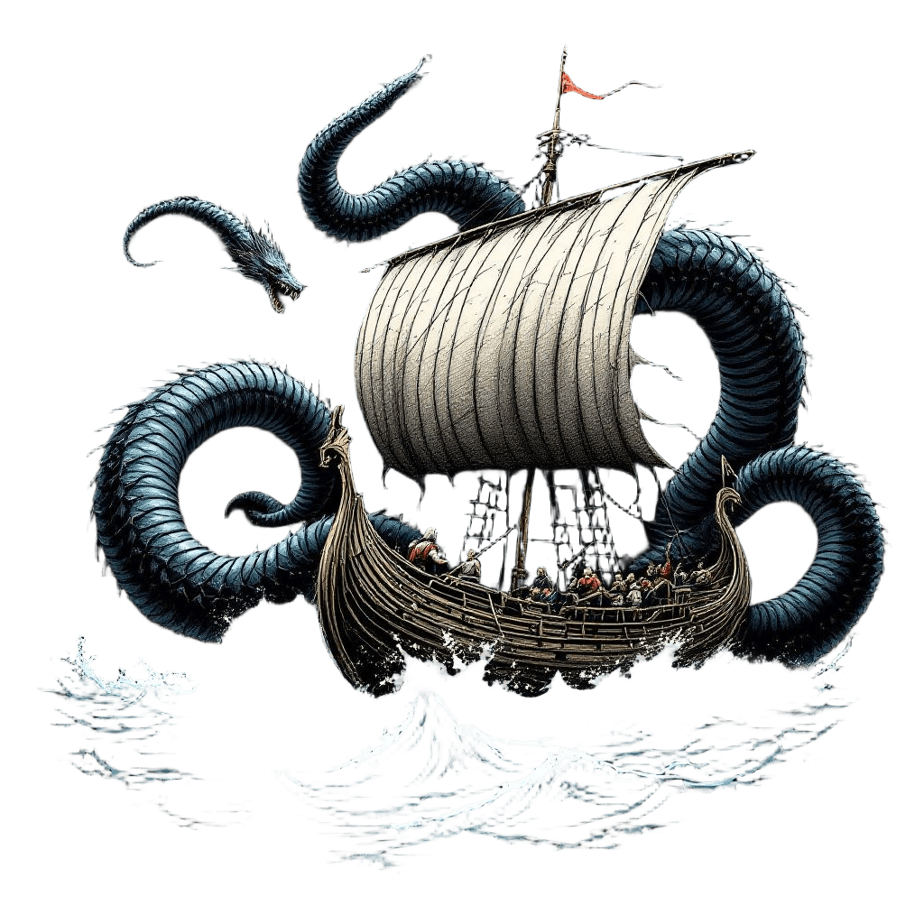 A Massive Sea Serpent Coiling Around a Viking Longship