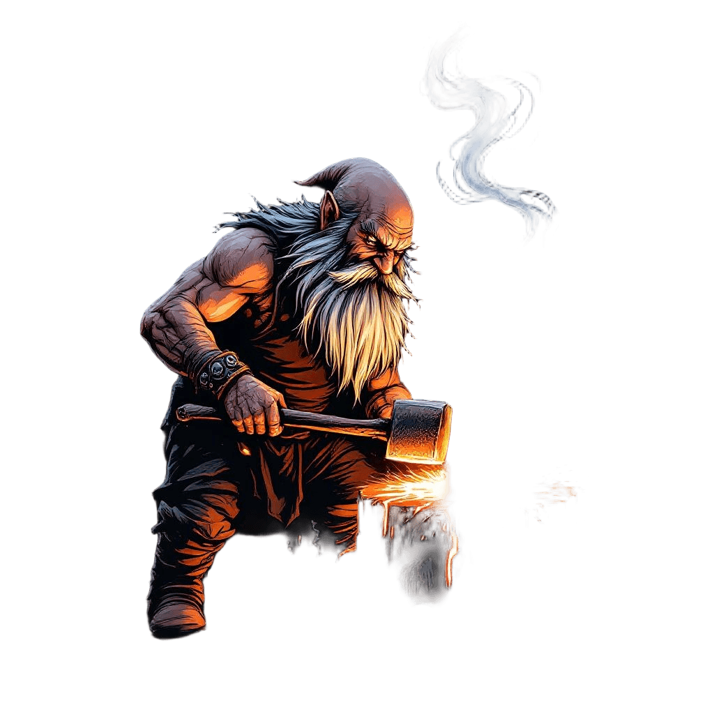 A Dwarf Blacksmith Working at a Volcanic Forge
