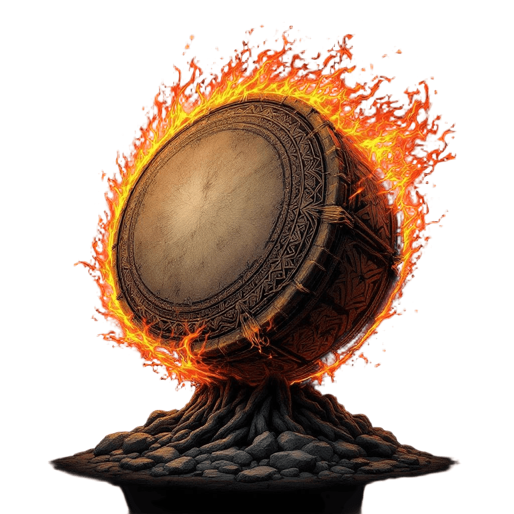 A Massive Tribal War Drum with Flames and Tribal Patterns