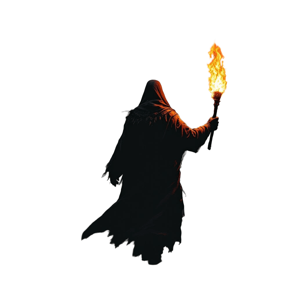 A Witch Hunter in Pilgrim Attire Carrying a Flaming Torch Through a Dark Forest