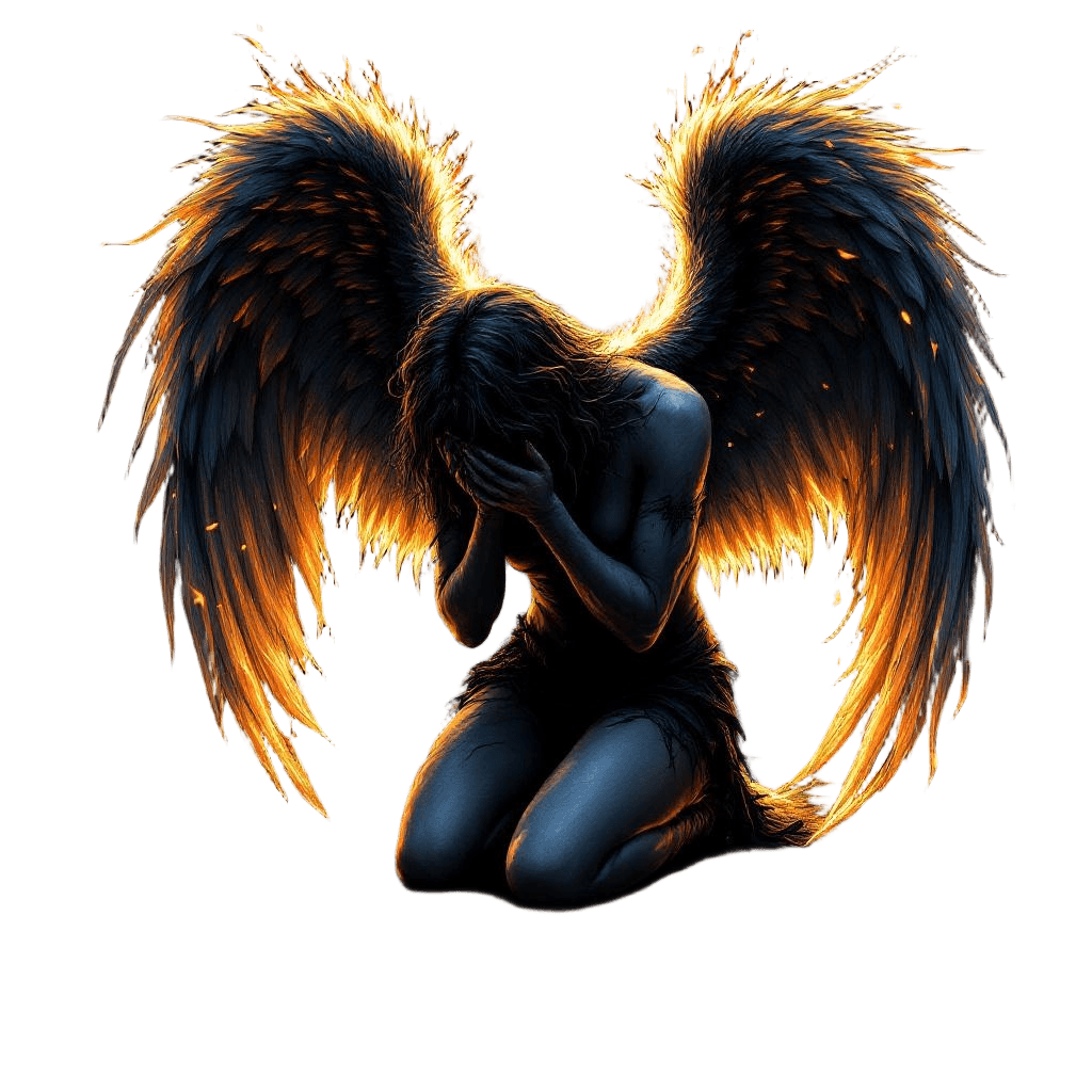A Fallen Angel with Broken and Burning Wings