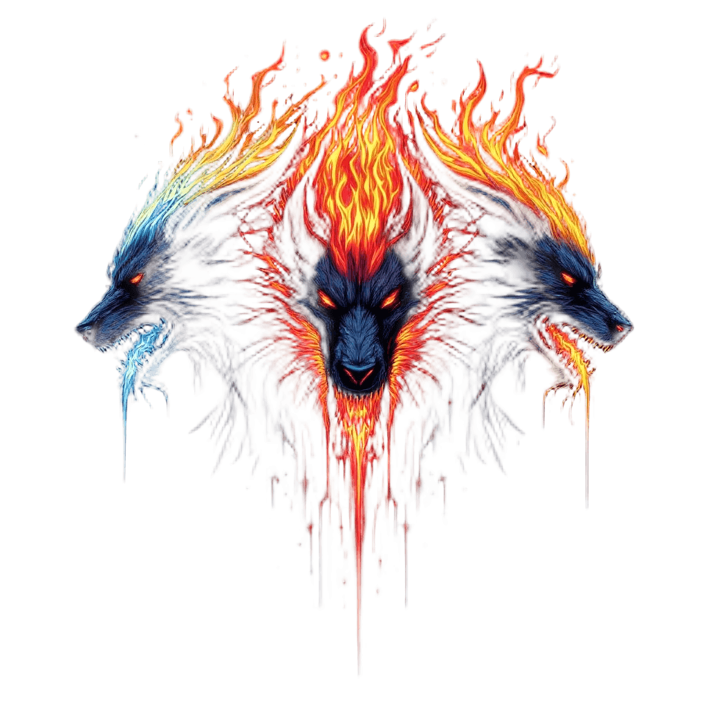 A Three-headed Hellhound with Each Head Breathing Different Colored Flames