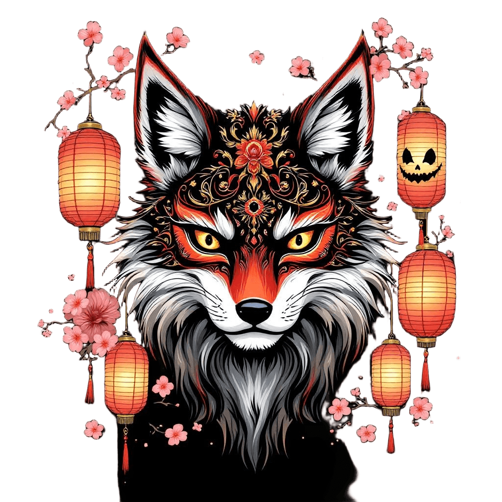 A Beautiful Kitsune Fox Mask Surrounded by Festival Lanterns and Cherry Blossoms