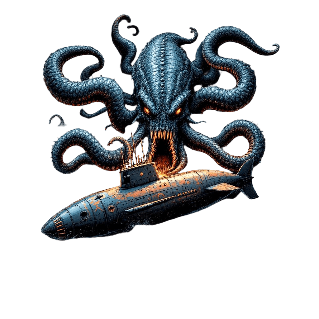 A Giant Kraken Attacking a Submarine in the Deep Ocean