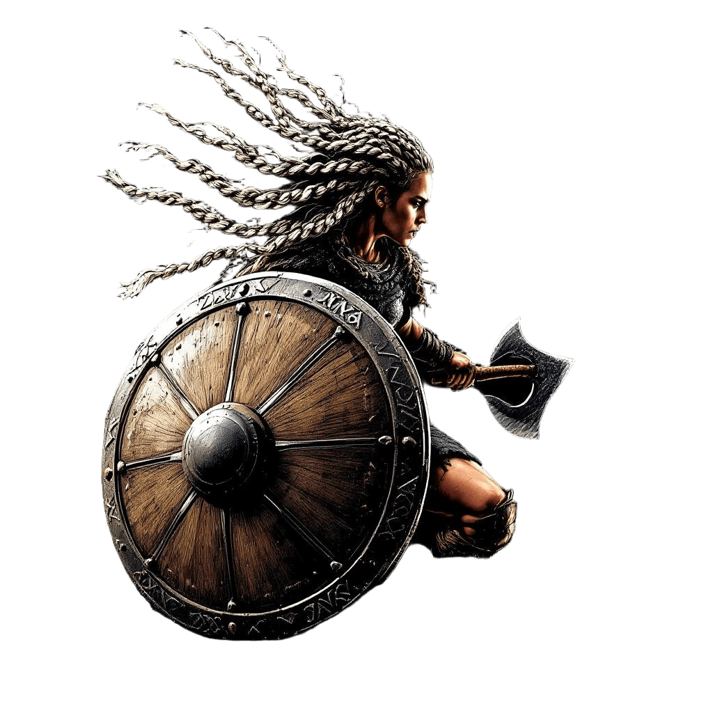 A Viking Shield Maiden in Battle with Braided Hair Flying