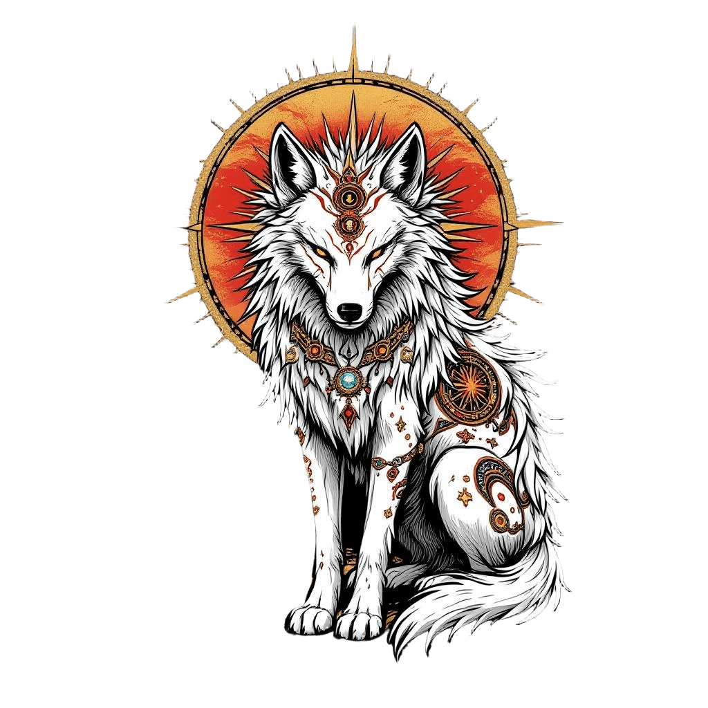 Amaterasu As a Divine White Wolf with Celestial Markings