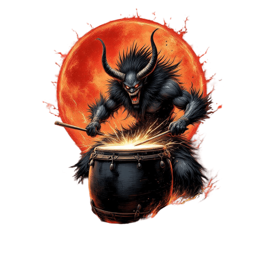 A Massive Oni Demon Playing Taiko Drums with Thunderous Energy